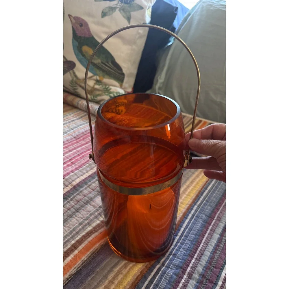 Vtg Orange Painted Glass Lantern Hurricane Candle Holder Metal Handle Gold Toned